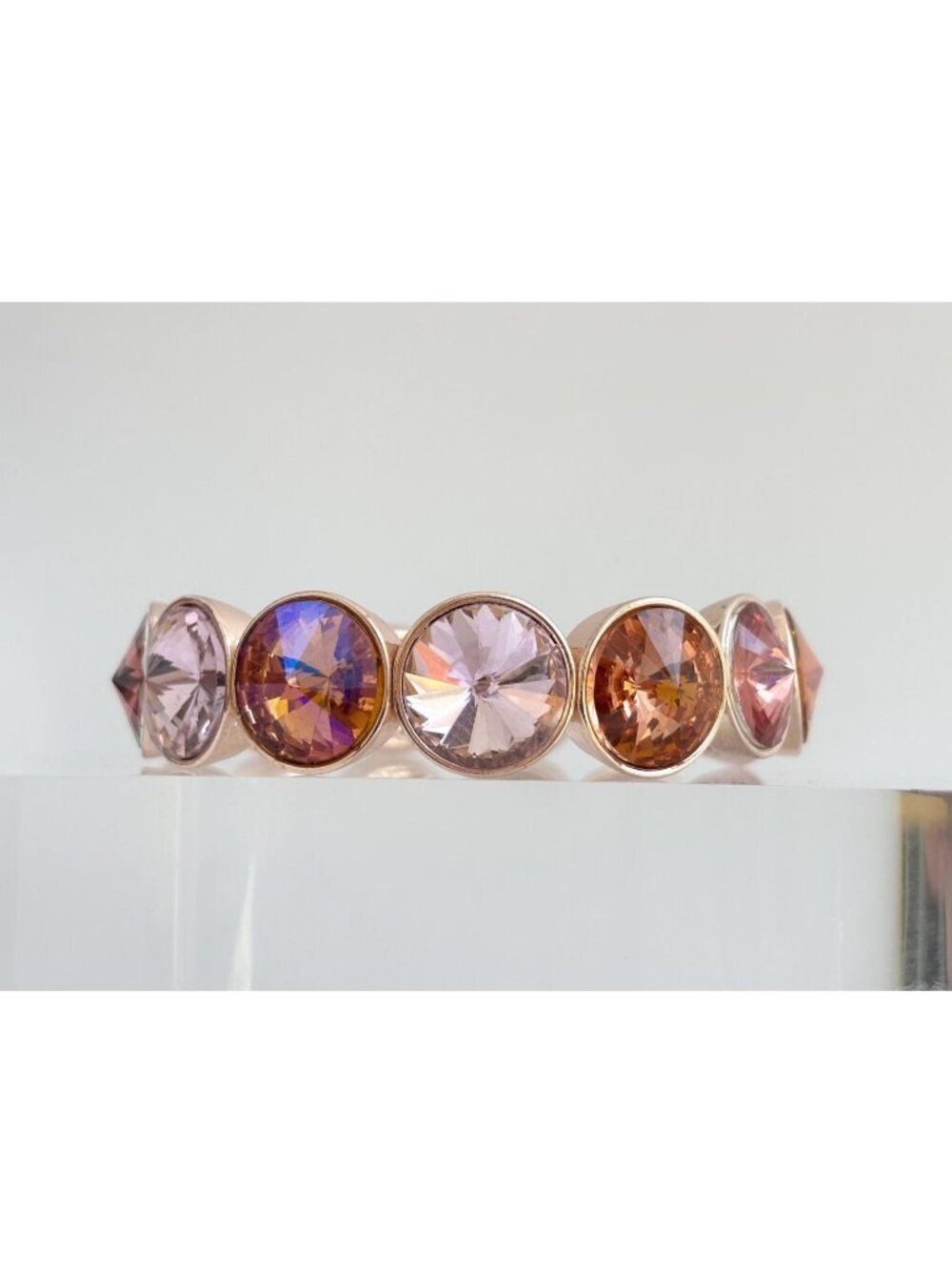 Monet Designer Signed Gold Toned Pink & Orange Rhinestone Stretchy Link Bracelet
